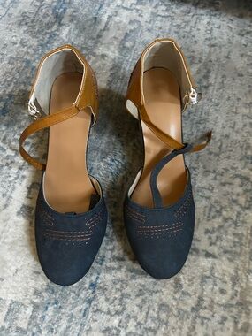 Two-Tone Navy and Mustard Ankle-Strap Heels with Cross Strap